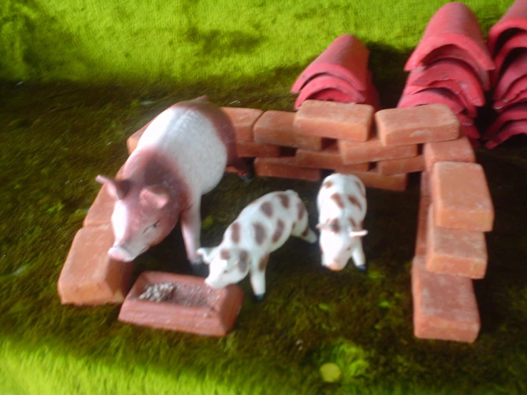 a small horse and a puppy with bricks laid around