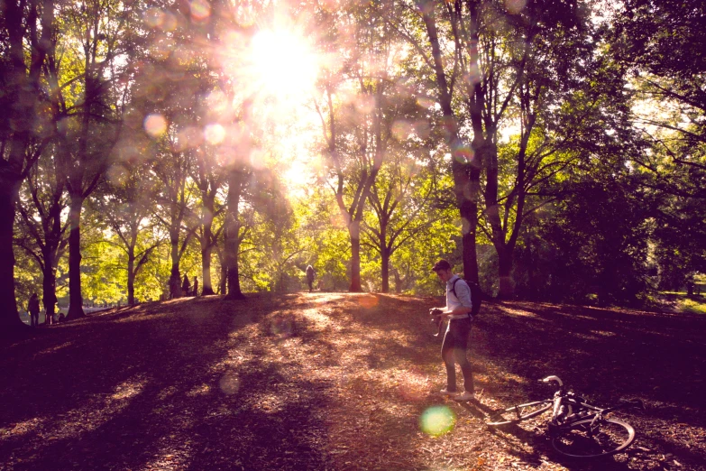a person walks down a trail with sun rays streaming through trees