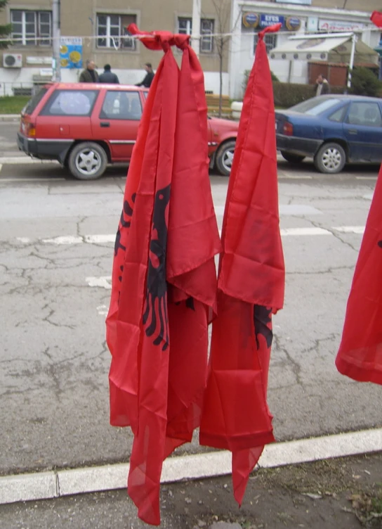 red umbrellas with black designs on them are hanging in front of a store