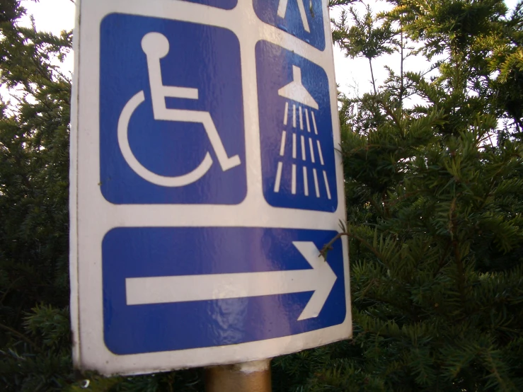 a parking and handicapped sign with a line through trees in the background