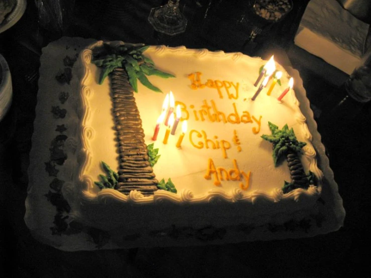 birthday cake sitting on top of a table with lit candles