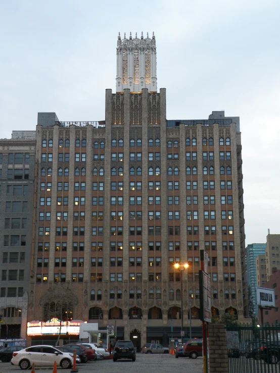 the large building has many windows on it