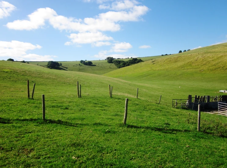 some grass hills trees clouds and a fence