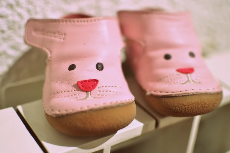 pink baby shoes with dog faces and a white box