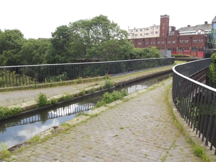 a black fenced path next to a body of water