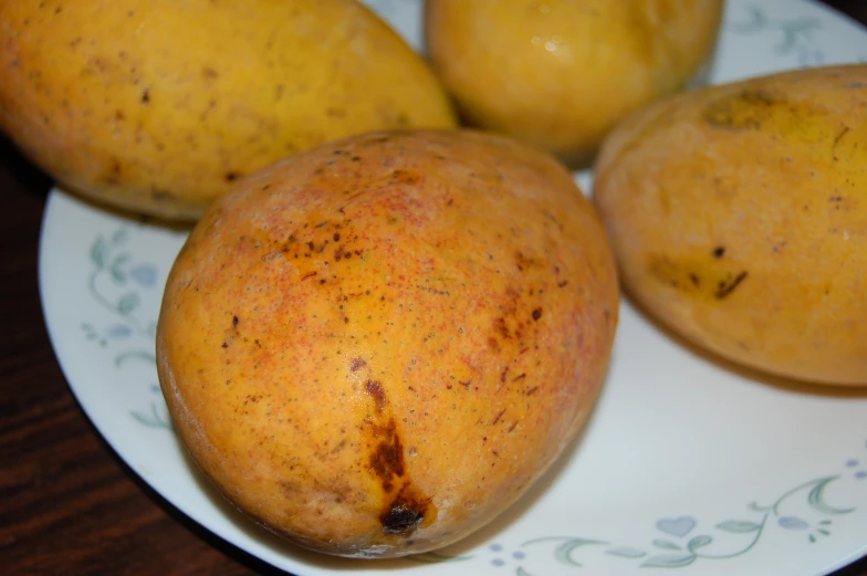 there are potatoes sitting on this plate with some skin