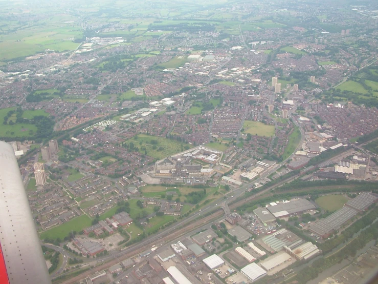 an aerial view of some buildings and roads