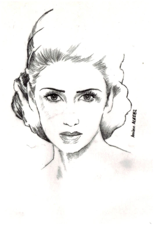 a black and white drawing of a woman with a ponytail