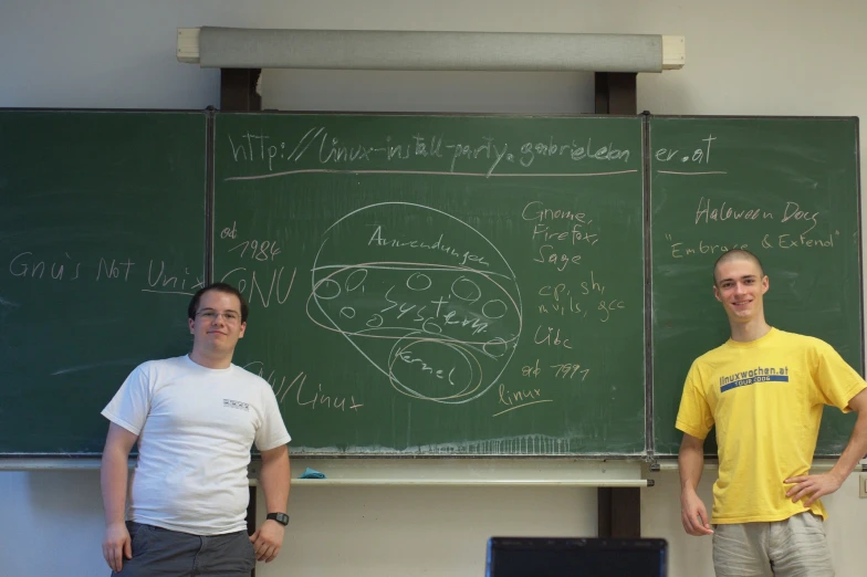 two men are standing in front of some chalkboards