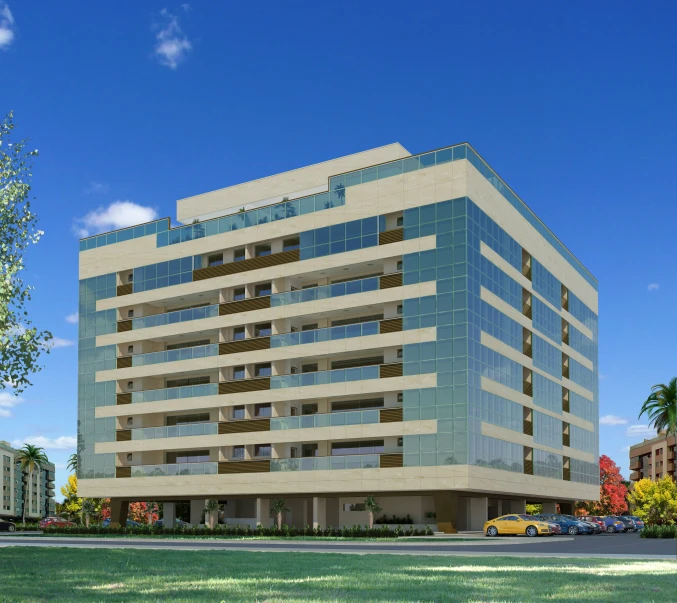 a modern office building surrounded by apartment buildings