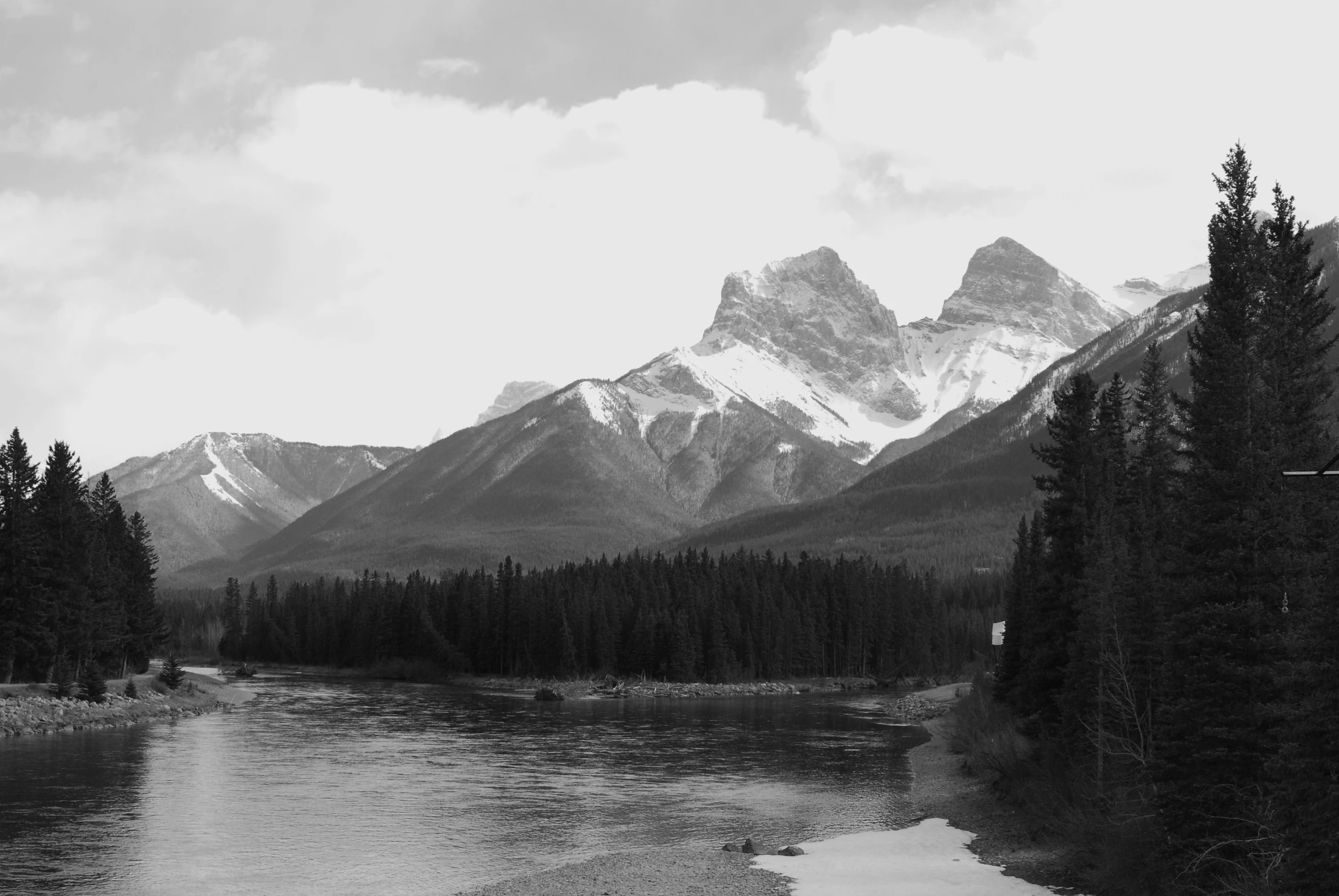 black and white landscape of a mountain lake surrounded by pine trees