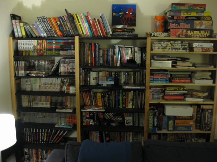 the bookshelf has lots of movies on it