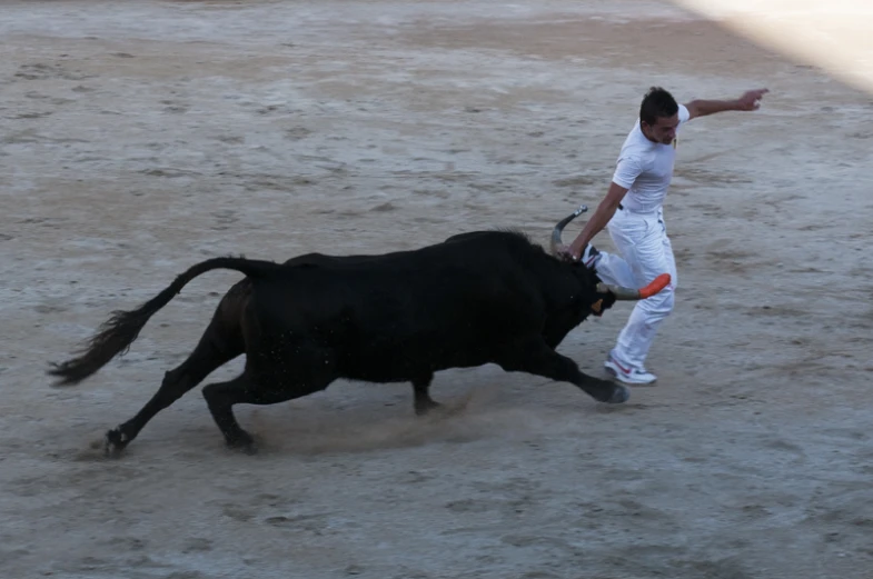 the young man is trying to ride the bull in the field