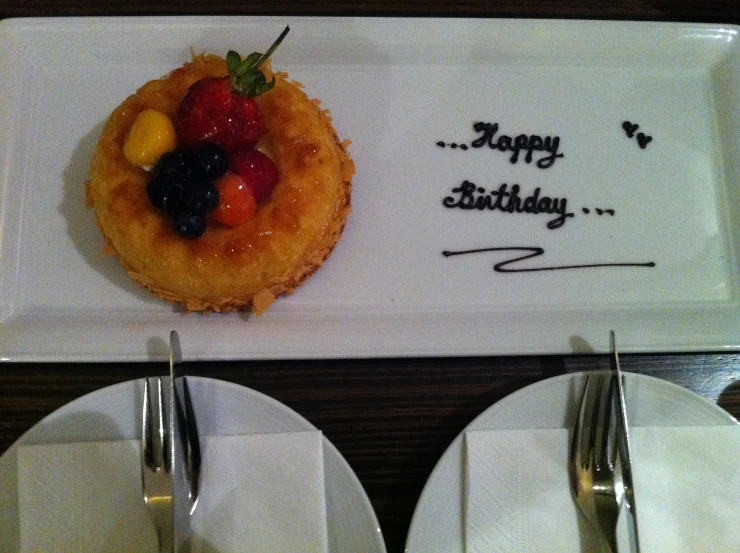 a plate with some food on it and a happy birthday card