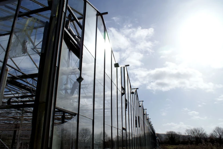 the outside of an empty greenhouse is shown with all glass and steel structures