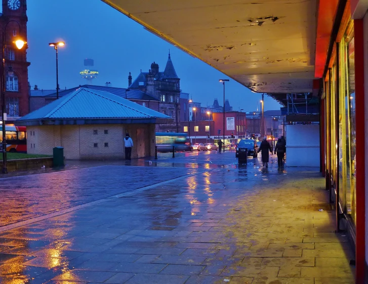 rainy evening in the city with people walking by