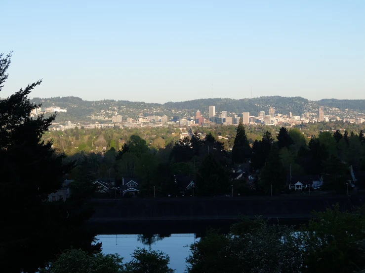 a body of water with city in the background