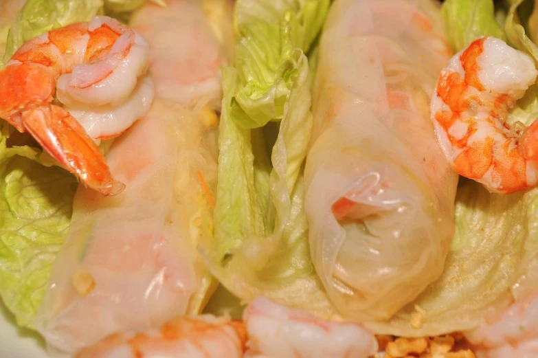 a plate of shrimp and lettuce and a corn salad