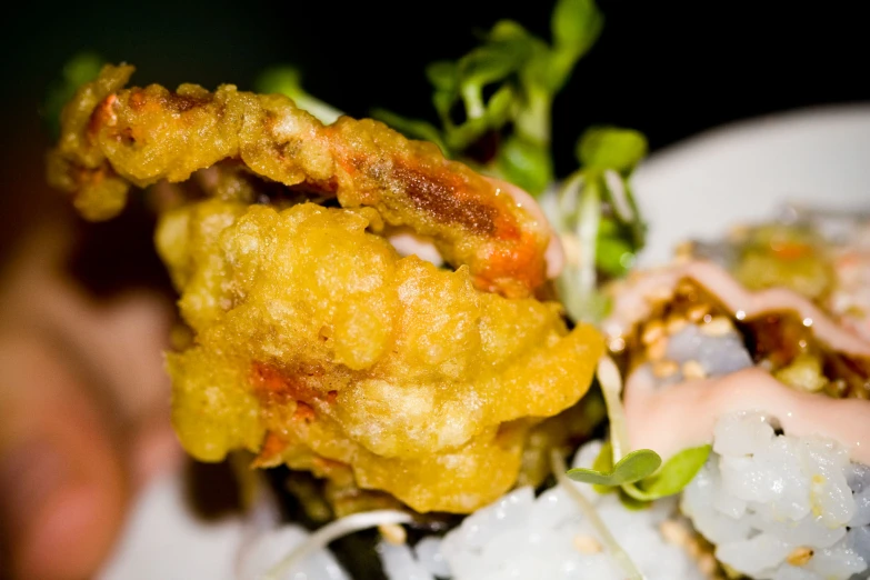 a white plate topped with rice and fried chicken