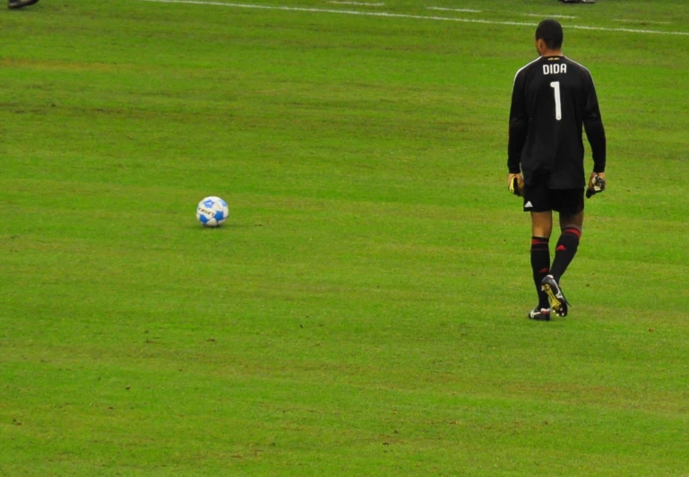 a soccer player stands in the field with his ball