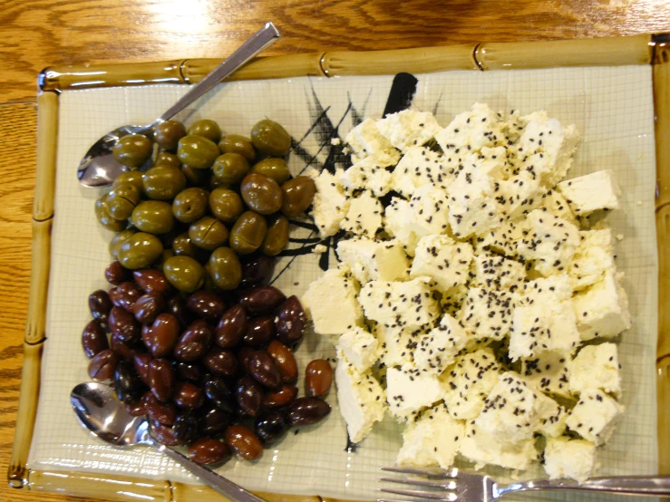 olives, cheese and feta on a dish