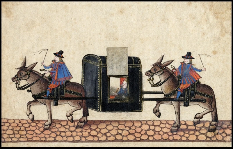 the horse drawn cart of a medieval man in a long red robe