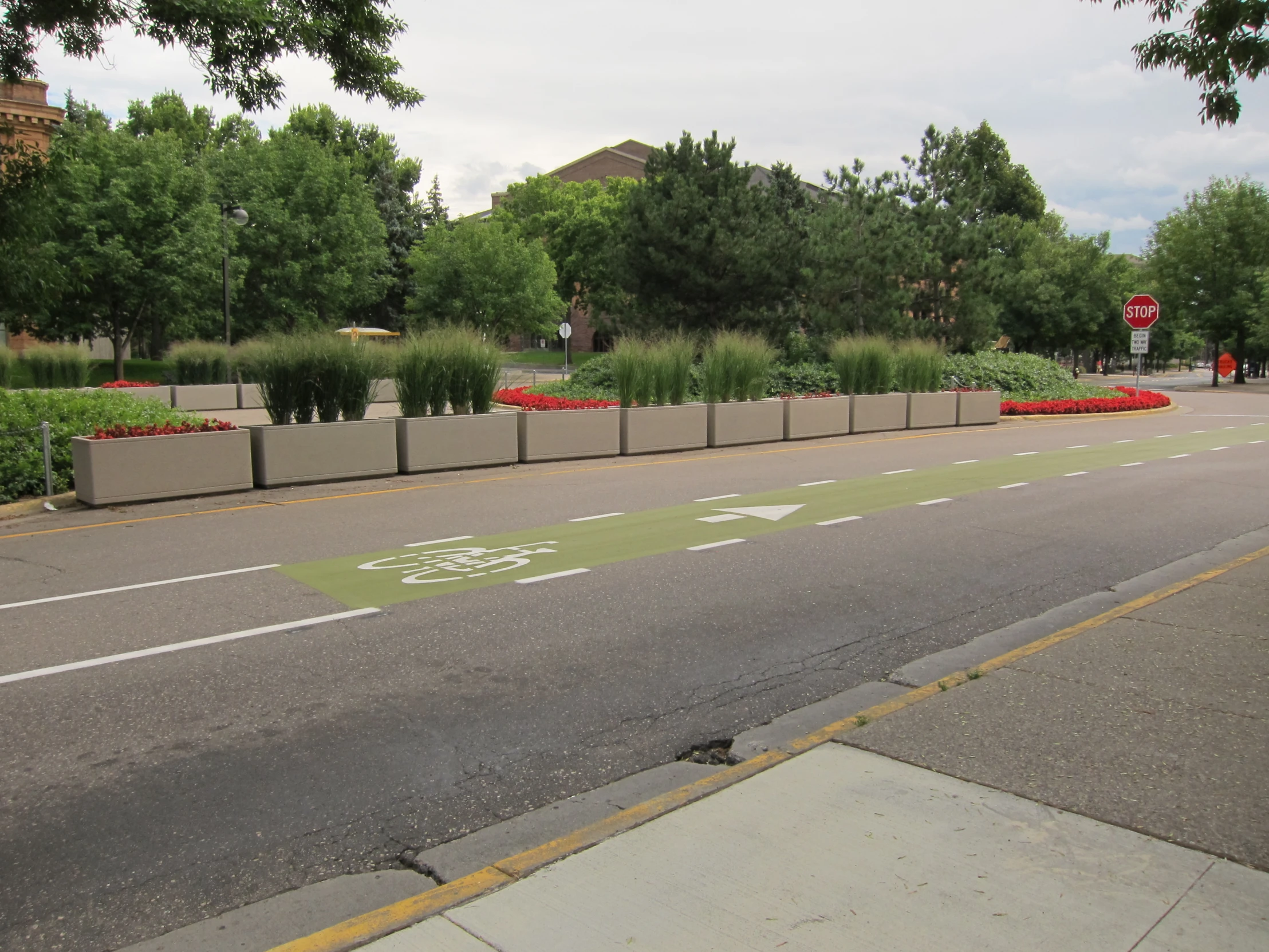 the road is lined with plants and landscaping