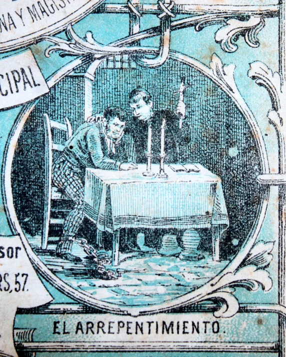 the back cover of an old, blue book with a picture of a man holding candles and pointing to another man sitting at the table