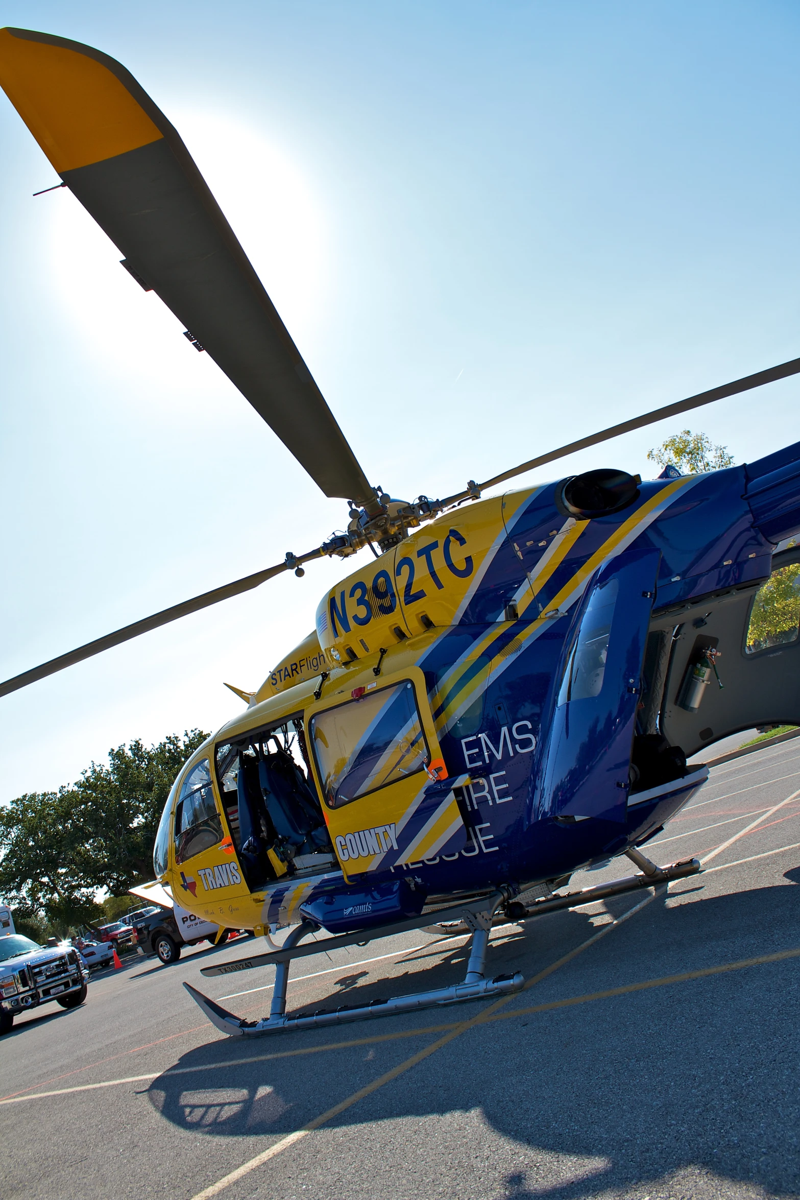 the helicopter has been painted yellow and blue