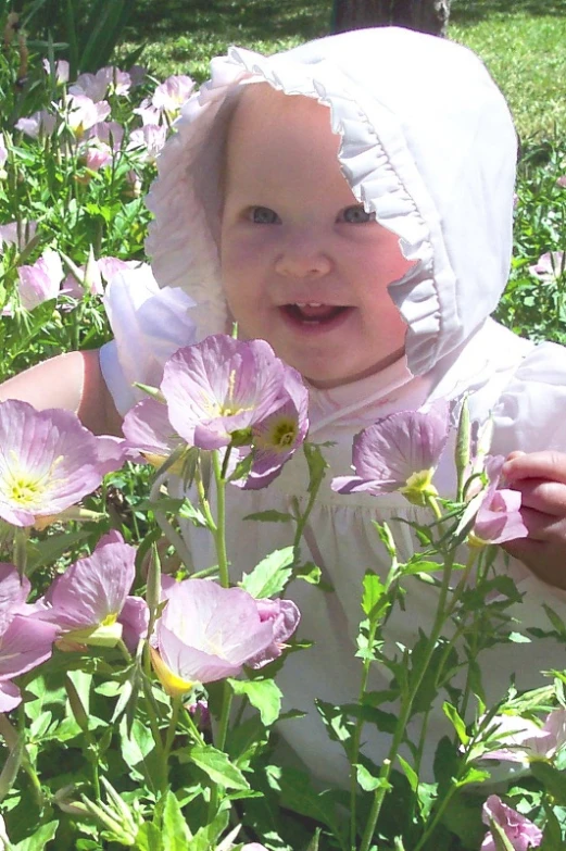 baby sitting in a field of flowers with her face tilted toward the camera