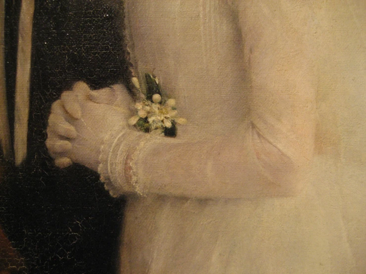 a painting of a woman holding a man's hand and a floral bouquet