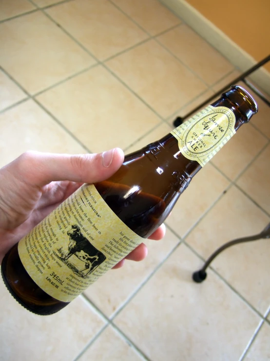 a hand holding a beer bottle near the floor