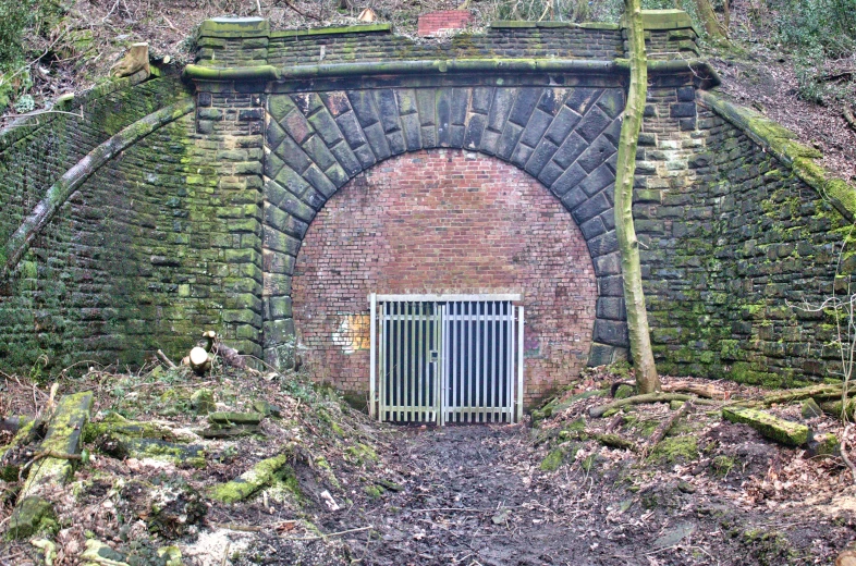 a gate in a brick structure surrounded by woods