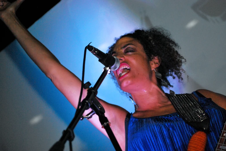 a woman with long curly hair singing into a microphone