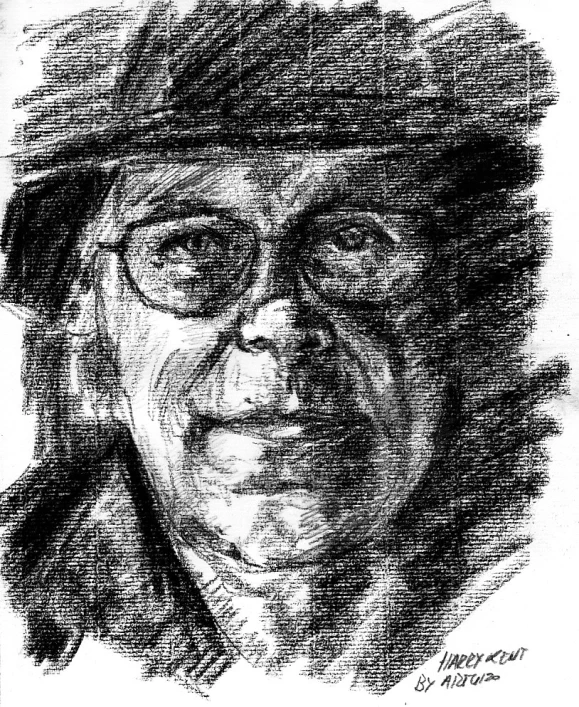 a drawing of a man wearing glasses and a hat