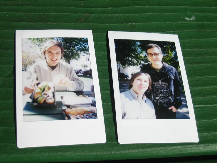 two polaroid pictures of people are taken