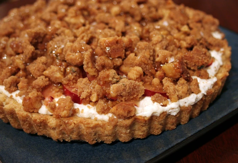 dessert item displayed on blue platter on wooden table