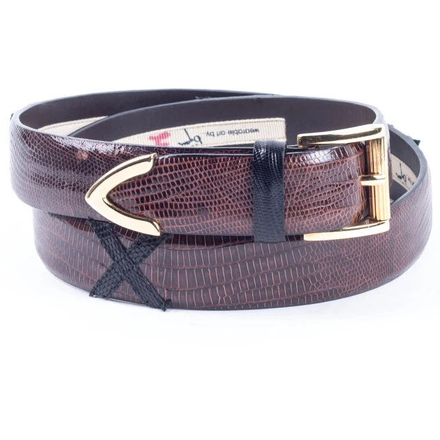 the brown and black belt is in a leather material