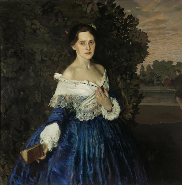 a painting of a woman in a blue dress with white ruffled sleeves