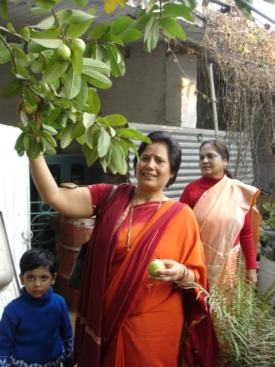 woman and two children standing underneath a fruit tree