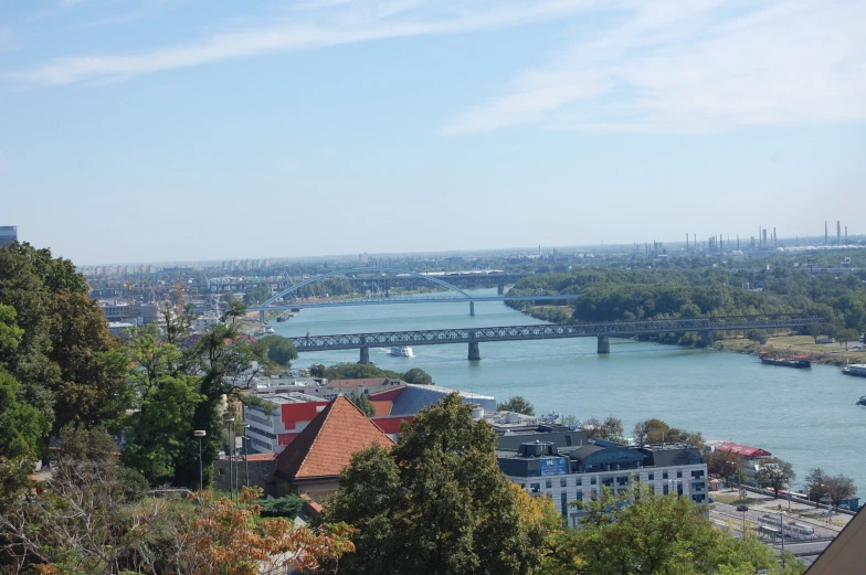 a bridge over a river near a city