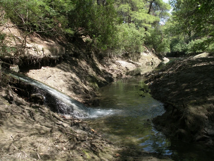 a river running between two cliffs next to a forest