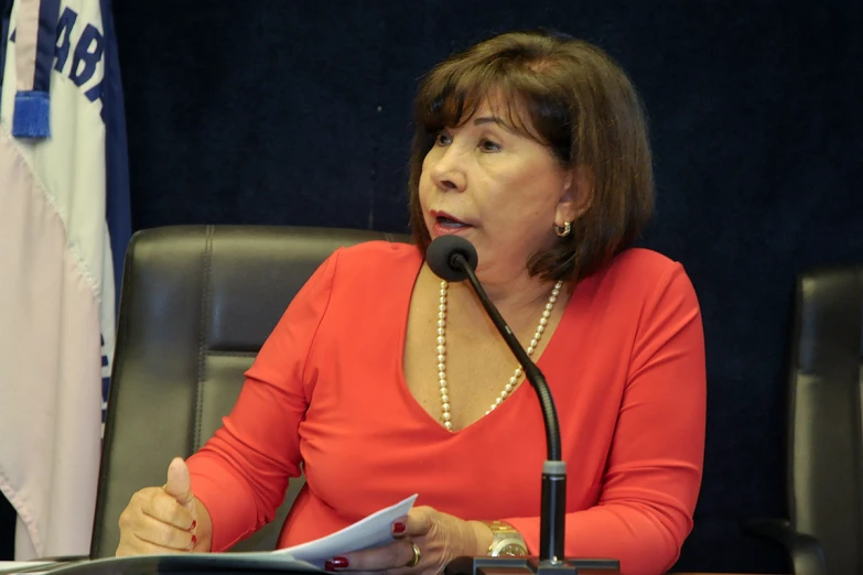 a woman sits at a desk speaking in front of flags