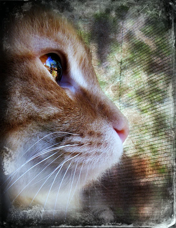 a brown and white cat's eyes look down into the camera