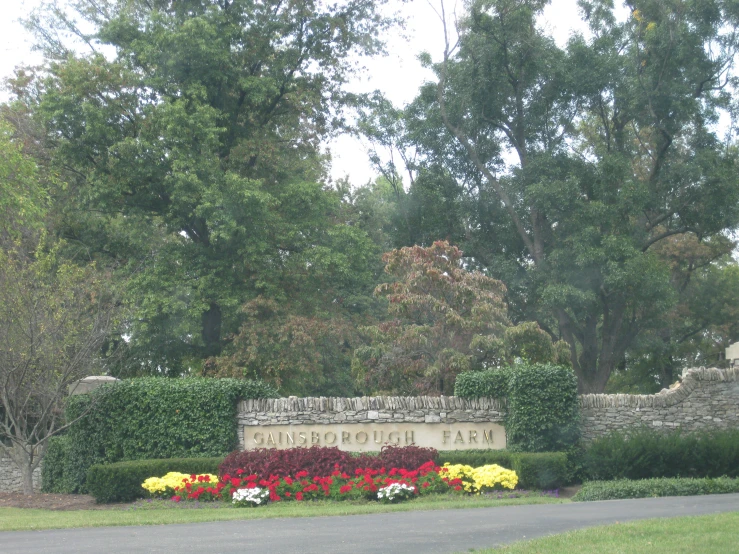 a cemetery with a red and yellow flower display next to a road