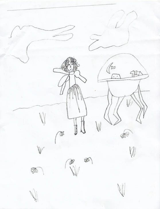 a pencil drawing of a girl and a dog