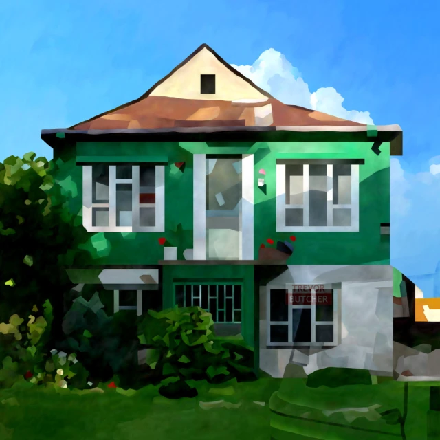 a colorful painting of a large green home with windows