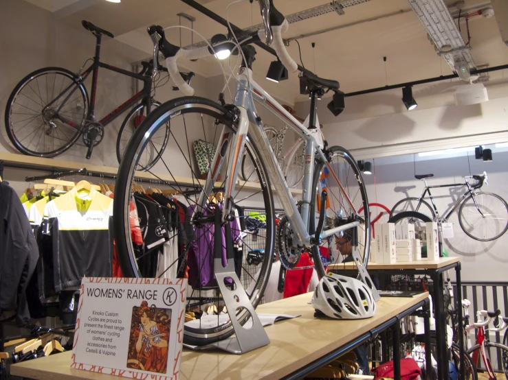 several bikes on display in a bicycle shop