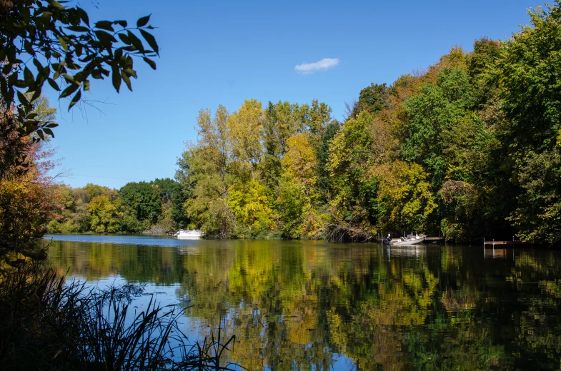 a lake that is reflecting trees and some clouds