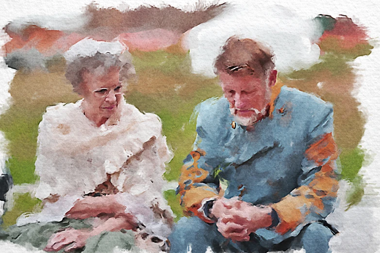 an older man and younger woman sitting down together